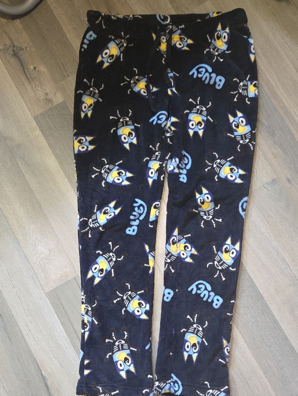 LAST CHANCE Womens Bluey Black Plush Pajama Pants with Blue & Yellow Bug Print
